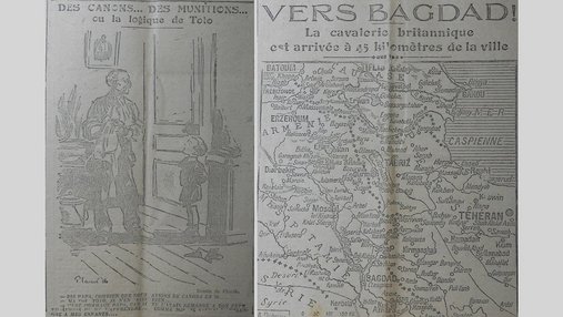 Illustration d'un enfant parlant à son père « Des canons... des munitions ... ou la logique de Toto » et reproduction d'une carte de la région de Bagdad « Vers Bagdad, la cavalerie britannique est arrivée à 45 kilomètre de la ville. »