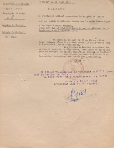 Sabotage d’une ligne électrique à La Séguinière décrit par la brigade de gendarmerie de Cholet, 16 août 1944