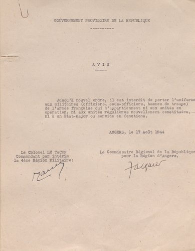 Avis du Gouvernement provisoire de la République française réglementant le port de l’uniforme militaire, 17 août 1944