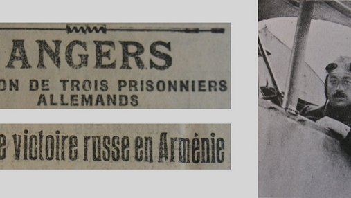 Unes de journal : « Angers : évasion de trois prisonniers allemands. Grande victoire russe en Arménie. » et photo d'un aviateur dans son appareil