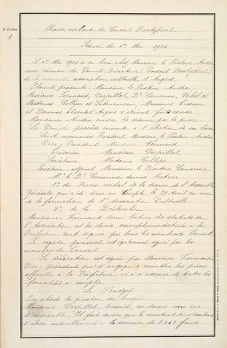 Procès-verbal de la première réunion du Conseil presbytéral de l'Église réformée d'Angers, tenue dans le cadre de l'Association cultuelle créée en application de la loi du 9 décembre 1905, 1er mai 1906