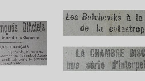 Unes de journal : « Communiqués officiels, 1 439e jour de la guerre : vendredi, 23 heures, la bataille commencée hier entre l'Aisne et la Marne a continué toute la journée avec une violence extrême. Les Bolcheviks à la veille d'une catastrophe. La Chambre discute une serié d'interpellations. »