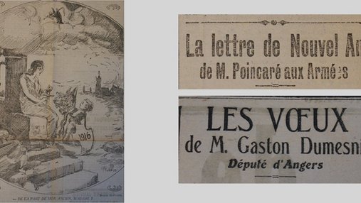 Unes de journal : « La lettre de Nouvel An de M.Poincaré aux Armées. Les voeux de M. Gaston Dumesnil, député d'Angers. » et reproduction d'une carte de voeux