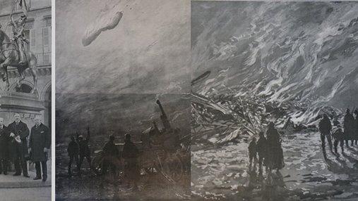Photos des membres du parlement britannique et de le destruction d'un zeppelin.