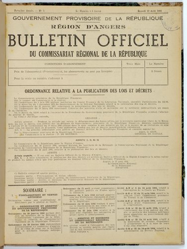 Bulletin officiel du commissariat régional de la République d’Angers, n° 1, 19 août 1944