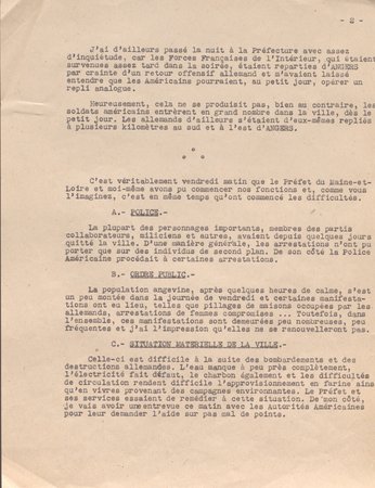 Premier rapport de Michel Debré, alias Jacquier, après sa prise de fonction en tant que commissaire de la République de la région d’Angers, 12 août 1944