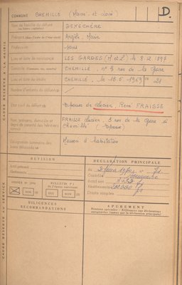 Fiche décès d'Angèle Denéchère, morte en 1969. 