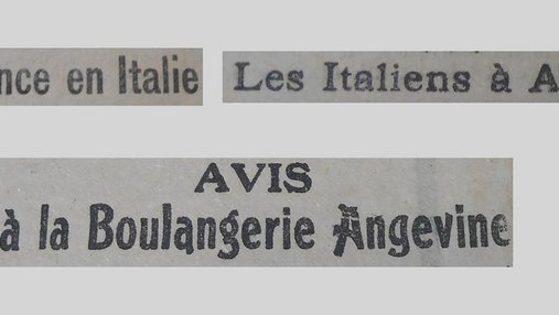 Unes de journal : « La France en Italie. Les Italiens à Angers. Avis à la boulangerie angevine. »