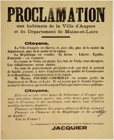 Proclamation de Michel Debré alias Jacquier, commissaire de la République régional annonçant la libération d’Angers, 10 août 1944.