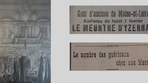 Unes de journal : « Cour d'assises de Maine-et-Loire audience du lundi 7 février : le meurtre d'Yzernay. Le nombre de guérisons chez nos blessés. » et photo du palais Farnèse.
