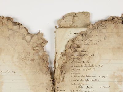 Livre de raison de Monsieur ou Madame Robineau, manuscrit sur papier, détail de dégradations causées par des moisissures, 1812-1813.