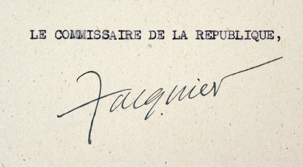 Signature de « Jacquier », Michel Debré, commissaire régional de la république, à la fin de son premier rapport de situation, 12 août 1944