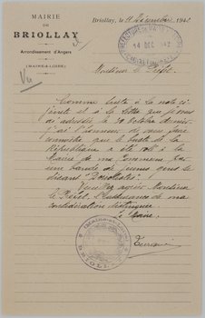 Lettre du maire de Briollay au préfet de Maine-et-Loire, 14 décembre 1912