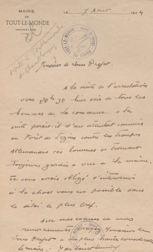 Demande d’intervention par le maire de Toutlemonde au sous-préfet de Cholet pour la libération d’otages, 7 août 1944