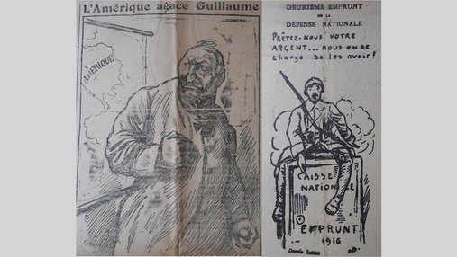 Caricature de l'empereur Guillaume II devant une carte de l'Amérique : « L'Amérique agace Guillaume. » et dessin d'un soldat pour le « Deuxième emprunt de la Défense nationale : Prêtez-nous votre argent... nous on se charge de les avoir ! »