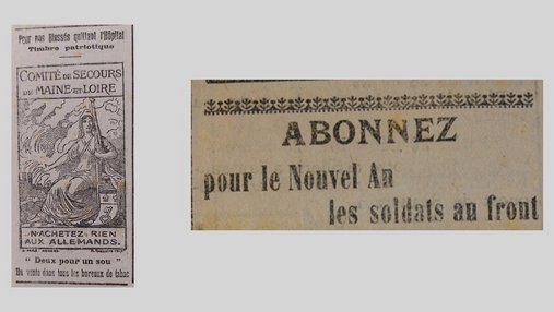 Une de journal « Abonnez pour le Nouvel An les soldats du front. » et reproduction du timbre patriotique.