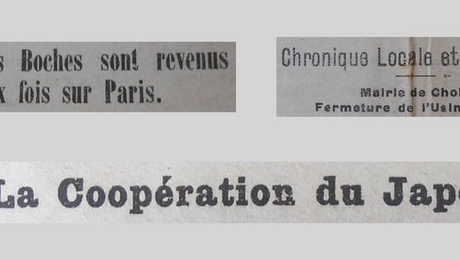 Unes de journal : « Les avions boches sont revenus deux fois sur Paris. Chronique locale de l'Ouest : Mairie de Cholet, fermeture de l'usine à gaz. La coopération du Japon. »