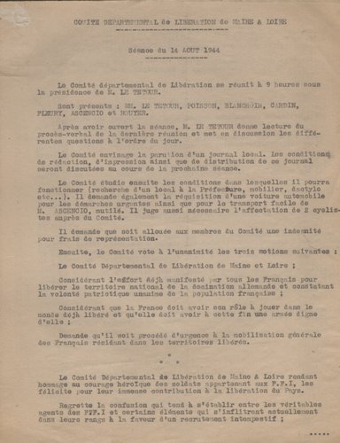 Compte-rendu de séance du comité départemental de Libération, 14 août 1944