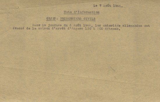 Note adressée au préfet de Maine-et-Loire l’informant de l’évacuation des détenus de la prison du Pré-Pigeon à Angers, 7 août 1944