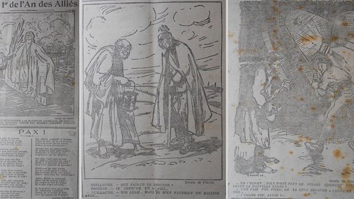 Trois dessins : un ange, l'empereur Guillaume face à Diogène et des soldats dans une tranchée.