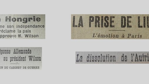 Unes de journal : « La Hongrie proclame son indépendance, réclame la paix et approuve M.Wilson. La prise de Lille : l'émotion à Paris. Réunion du Cabinet de guerre : la réponse allemande au président Wilson. La dissolution de l'Autriche. »