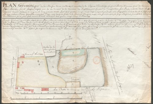 Plan de la closerie d'Hortebise faisant partie d'anciens fonds de carrière situés paroisse Saint-Samson à Angers, dressé par Urbain Prieur, avril 1789.