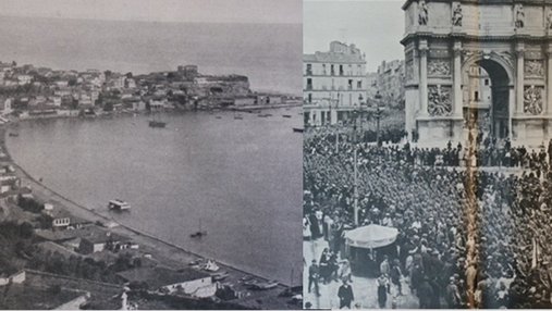 Photo d'un port et d'un défilé militaire.