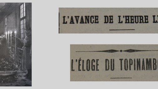 Unes de journal : « L'avance de l'heure légale. L'éloge du topinambour.» et illustration de soldats se recueillant devant le cercueil du général Gallieni.