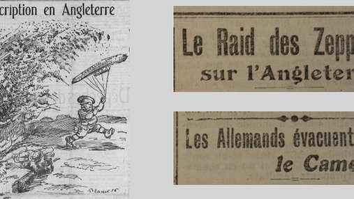 Unes de journal : « Le raid des zeppelins sur l'Angleterre. Les Allemands évacuent le Cameroun. » et caricature de la conscription en Angleterre.