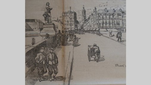 Illustration préentant des soldats en permission se promenant dans les rues d'Angers.