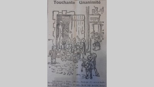 « Touchante unanimité » : illustration d'écoliers devant leur professeur.