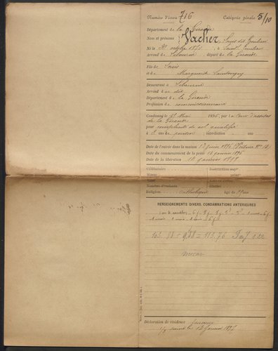 Dossier individuel de Louis Vacher, entré en prison en 1896.