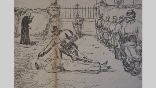 Illustration présentant un peloton d'exécution ainsi qu'un homme ayant tué une femme.