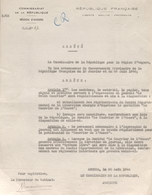 Arrêté du commissariat régional de la République d’Angers concernant le « Courrier de l’Ouest », 30 août 1944