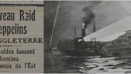 Une de journal : « Un nouveau raid de zeppelins sur l'Angleterre : cinq dirigeables lancent 90 bombes sur les comtés de l'Est. » et photo d'un bateau.