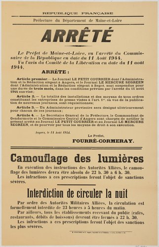 Arrêté du nouveau préfet de Maine-et-Loire suspendant la parution du « Petit Courrier » et « Le Mercure Segréen » et rappelant les consignes de sécurité, 11 août 1944