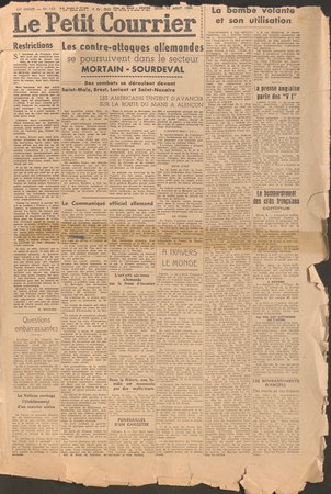 Une du journal, Le Petit Courrier, annonçant les troupes américaines entre Le Mans et Alençon, 10 août 1944