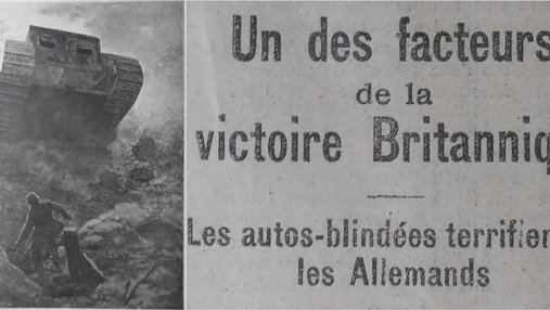 Une de journal : « Un des facteurs de la victoire Britannique : les auto-blindés terrifient les Allemands. » et dessin représentant un soldat face à un auto-blindé.