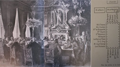Illustration représentant des hommes autour d'une table et reproduction d'un plan.