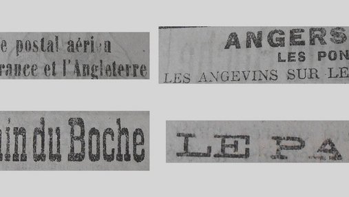 Unes de journal : « Service postal aérien entre la France et l'Angleterre. Angers Les Ponts-de-Cé : les Angevins sur le front. La main du Boche. Le pain. »