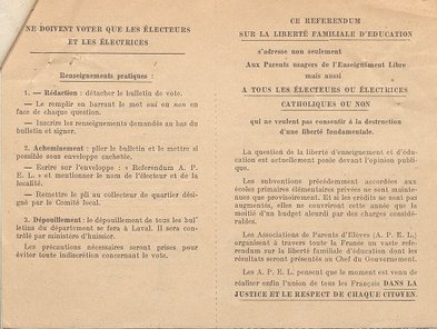 Bulletin pour le référendum organisé par l’Association des parents de l’enseignement libre (APEL), 1945.