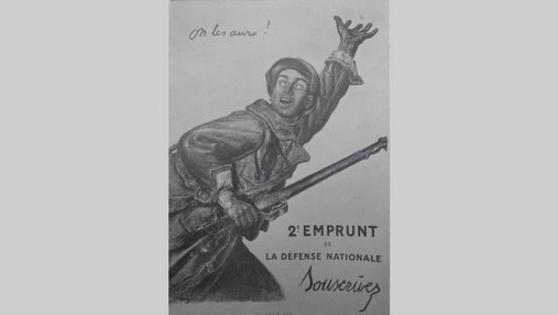 « 2e emprunt de la défense nationale. Souscrivez. » avec une illustration d'un soldat criant « On les aura ! »