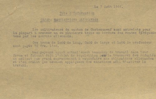 Note d’information de la préfecture régionale sur les réquisitions de travailleurs dans le canton de Châteauneuf-sur-Sarthe, 3 août 1944