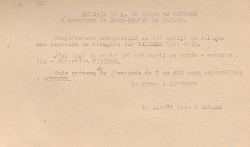 Gestion de l’accueil des réfugiés par Joseph Matignon, maire de Gonnord, 2 août 1944. 