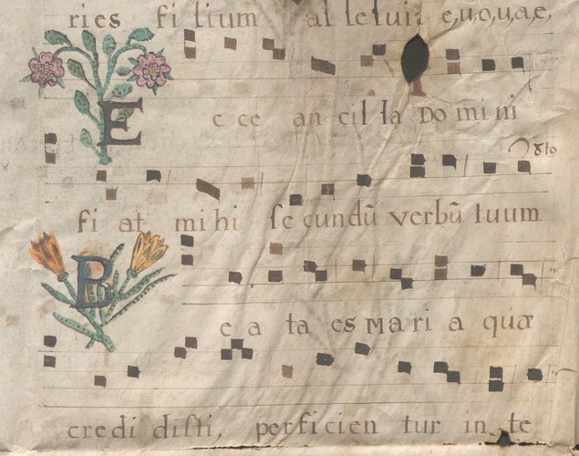 Vue des « neumes » : le punctum (signe simple, carré), le podatus (deux signes superposés) et le torculus (trois signes côte à côte)