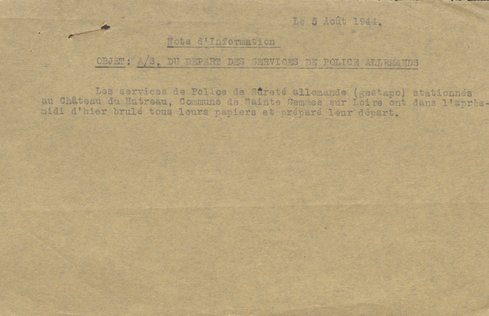 Note adressée au préfet de Maine-et-Loire l’informant des préparatifs de départ des services de sécurité allemands du château du Hutreau, à Sainte-Gemmes-sur-Loire, 5 août 1944