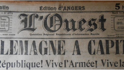 Une de journal : « L'Allemagne a capitulé. Vive la République ! Vive l'Armée ! Vive la France ! »