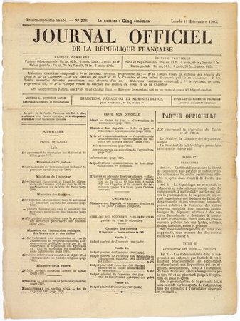Loi concernant la séparation des Églises et de l'État, 9 décembre 1905, extrait du « Journal officiel de la République française »