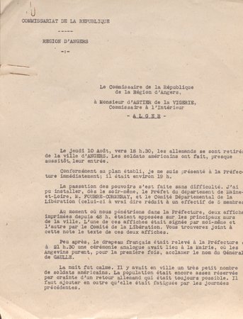 Premier rapport de Michel Debré, alias Jacquier, après sa prise de fonction en tant que commissaire de la République de la région d’Angers, 12 août 1944