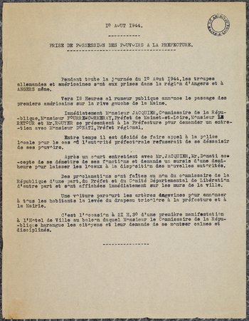 Note du comité départemental de Libération sur l’installation des nouvelles autorités à la préfecture d’Angers, 10 août 1944